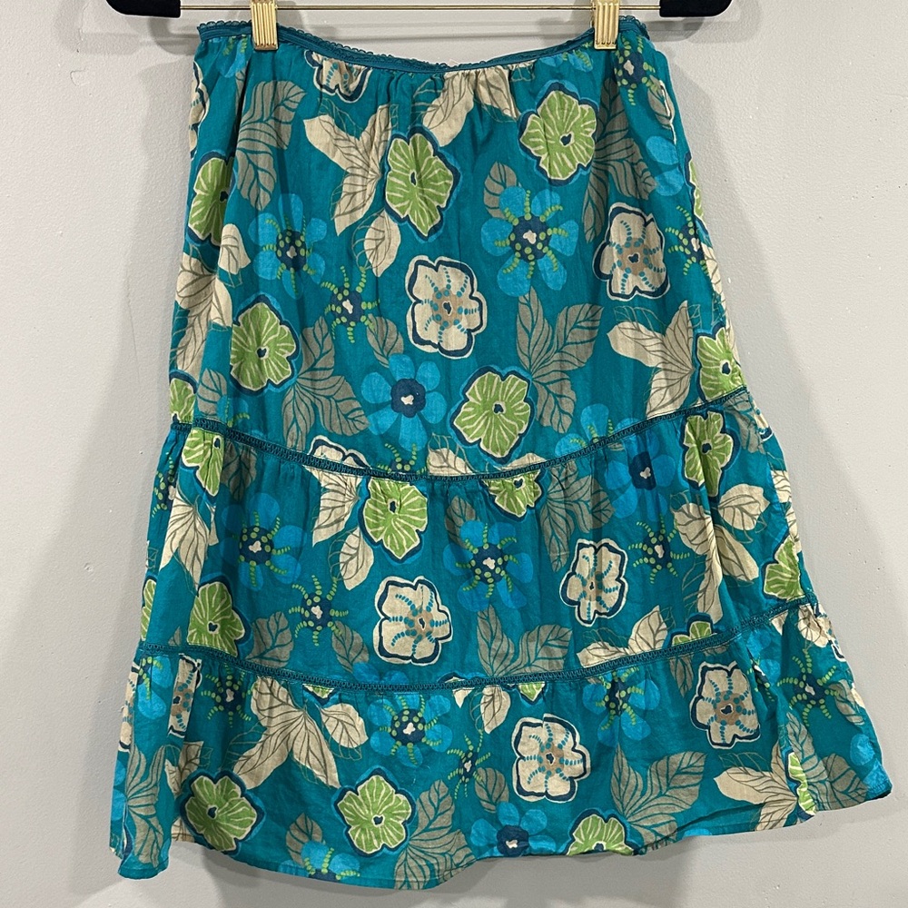Floral A-Line Skirt in Teal and Green size M  100% cotton